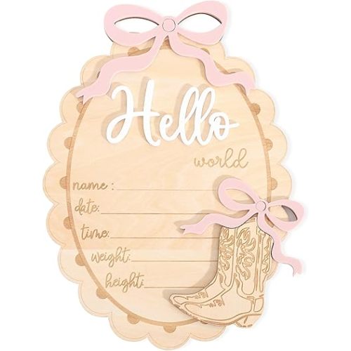 Wooden Baby Birth Announcement Sign - Hello World Newborn Photo Prop, Personalized Name & Date Plaque, Baby Shower Decor, Nursery Keepsake for Newborn Photography (Cowgirl&Bow)