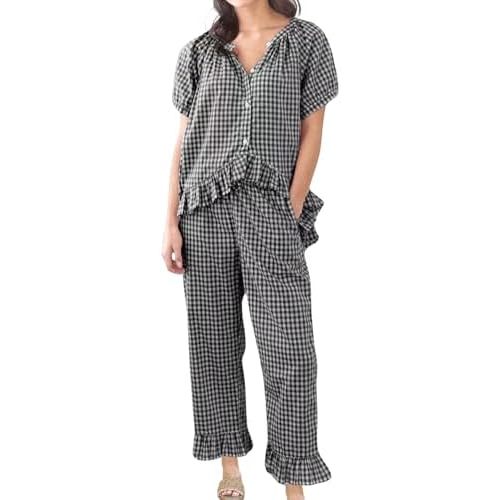 Womens Gingham Pajama Set 2 Piece Short Sleeve Babydoll Shirt and Pants Lounge Set Cute Sleepwear