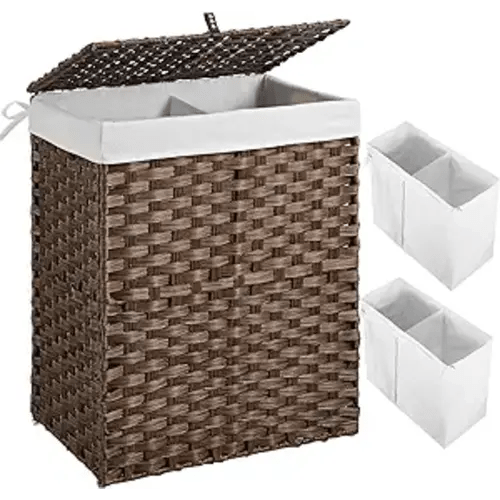GREENSTELL Laundry Hamper with lid, No Install Needed, 90L Wicker Laundry Baskets Foldable 2 Removable Liner Bags, 2 Section Clothes Hamper Handwoven Rattan Laundry Basket with Handles, Brown - 90L (18.3x13.3x24.0 Inches)