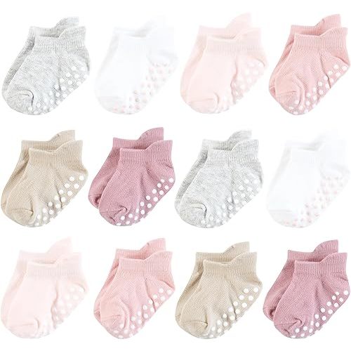 Hudson Baby Baby Infant Girl Non-Skid No-Show Socks, Mauve Neutral, 6-12 Months, Pink