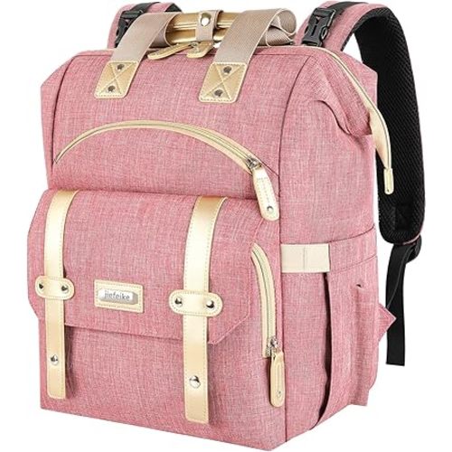 Jiefeike Diaper Bag Backpack, Pink Baby Girls Diaper Bag for Mom, Travel Baby Bags Backpack for Women, Insulated Pockets Portable toddler diaper bag, RFID Anti-Theft Pocket