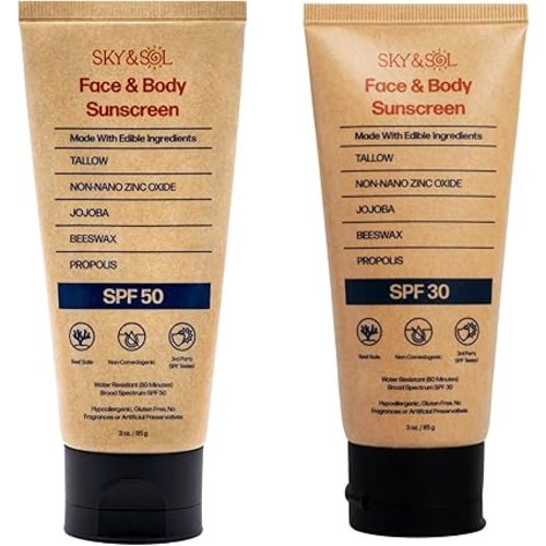 Bundle Sunscreen SPF 30 and SPF 50 2.82 oz: Natural Tallow & Zinc Oxide, Reef Safe, Water Resistant, Fragrance-Free, Non-Greasy Formula for Face and Body