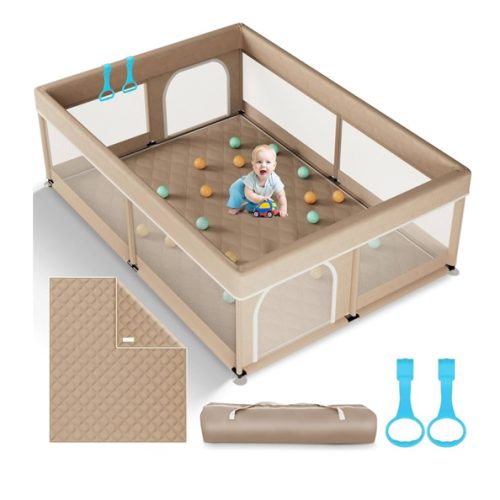 Omzer Baby Playpen with Mat 71"×59" - Extra Large Playpen for Babies and Toddlers with Mat Included, Safety Playard for Baby with Gate, All-Wrapped Soft Sponge Baby Gate Playpen with Stable Mat Velcro