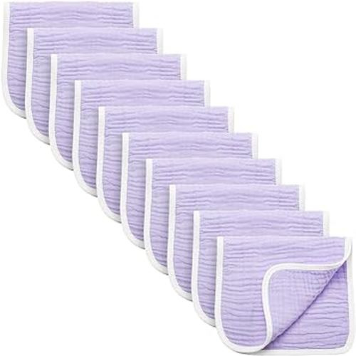 Synrroe Muslin Burp Cloths Large Pack of 10 Extra Absorbent and Soft, 6 Layers 20 by 10 Inches for Babies 100% Cotton (Purple 10 Pack)