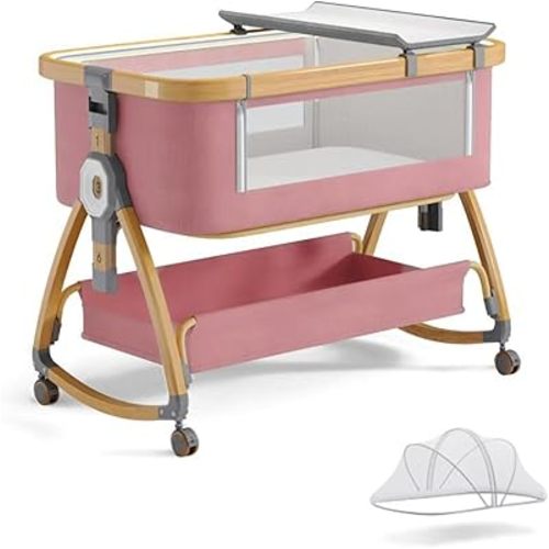 Baby Bassinet, Bedside Bassinet for Baby, 4 in 1 Portable Bassinet Bedside Sleeper with Wheels Mosquito Net & Storage Basket, 6 Height Adjustable Rocking Bassinet for Newborn Baby
