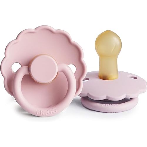FRIGG Daisy Natural Rubber Baby Pacifier | Made in Denmark | BPA-Free (Baby Pink/Soft Lilac, 0-6 Months) 2-Pack