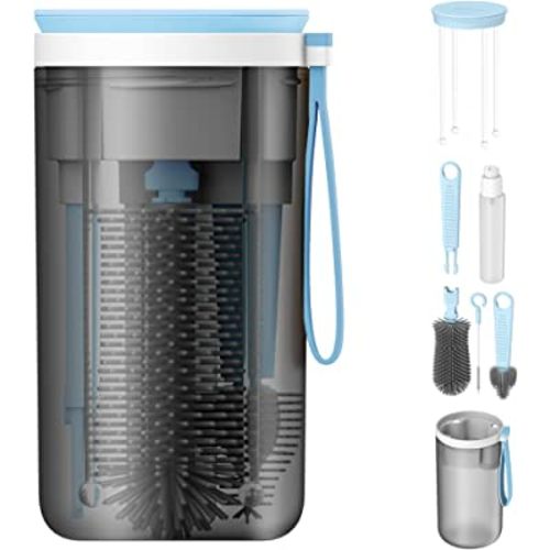 YOTIME Travel Baby Bottle Brush Set with Extendable Silicone Bottle Brush, Nipple Brush, Magnetic Baby Bottle Drying Rack, Straw Cleaner Brush, Baby Bottle Soap Dispenser, Blue