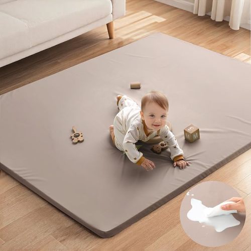 Blissful Diary Vegan Leather Baby Play Mat, 71x59 Thicken Foam Cushioned & Waterproof Playpen Mat for Infants and Toddlers, Stylish and Just Wipe-Clean Playmat for Baby Play on Floor, Taupe