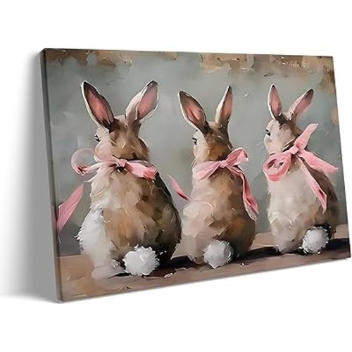 Easter Canvas Wall Art Decor Framed Painting - 8X10 inch Bunnies Picture Poster Print, Spring Animal Print, Cute Easter Rabbit Artwork for Living Room, Nursery or Farmhouse Decoration