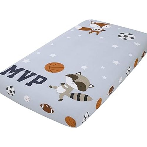 NoJo Team All Star Light Blue, Grey, & Orange, MVP Fox & Raccoon Sports Theme with White Stars Photo Op 100% Cotton Fitted Crib Sheet, Light Blue, Grey, Orange