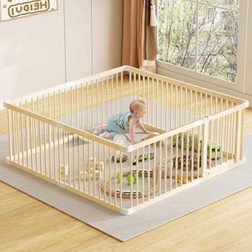 LOVMOR Large Wooden Baby Playpen, Adjustable Gate for Toddler and Babies, Portable Security Baby Fence Play Yard with Door (71.5 * 60 * 24 Inch)