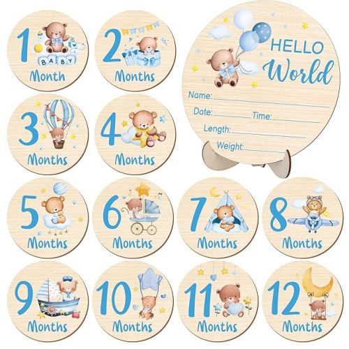 Wooden Baby Monthly Milestone Cards Double Sided Baby Birth Announcement Sign Hello World Milestone Sign Discs Pregnancy Baby Shower Gifts for Newborn Photo Props, Bear