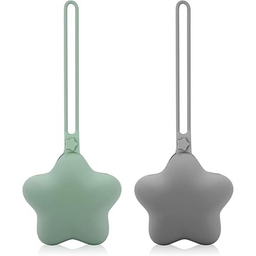 2pcs Star Pacifier Holder Case, Silicone Portable Pacifier Case Pacifier Container Case for Newborn Baby Boys Girls (Gray Green, Moon Gray)