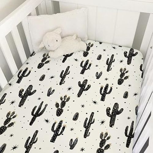 Boho Cactus Baby Crib Sheet 52''x28'' Retro Black Golden Cactus Fitted Crib Mattress Cover Wild Cactus Soft Baby Sheet for Boy Girl Western Plants Nursery Bedding for Standard Crib Toddler Mattress