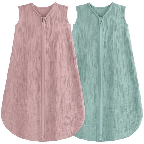 2 Pack Baby Sleep Sack 6-12 Months 100% Organic Cotton Muslin Baby Sleeping Bag 2-Way Zipper Toddler Wearable Blankets Comfy Stretchy Thin Sleep Sacks