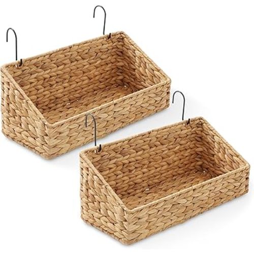 Casafield Set of 2 Hanging Baskets with Hooks - Natural, Hyacinth Woven Wall Mounted Storage Bins for Kitchen, Bathroom, Laundry Room, Home Office