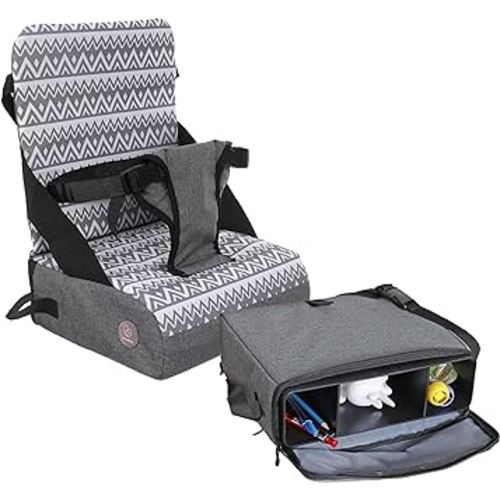 Dreambaby Grab ‘N Go Travel Booster Seat with Built-in Storage Space, Portable Highchair Booster Seat for Tables, High-Back Seat and Foldable for Baby Travel, Secured with a 3-Point Harness, Grey