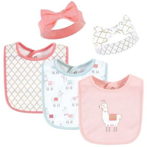 Hudson Baby Infant Girl Cotton Bib and Headband or Caps Set, Llama, One Size