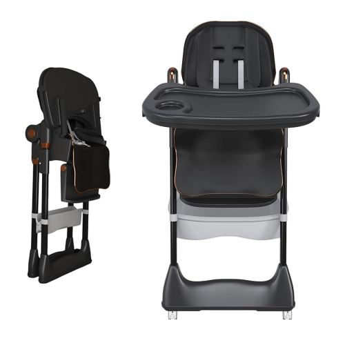 BabySafe Adjustable High Chair 0-6 Years, Foldable Infant Feeding Seat with 5-Point Safety Harness, Locking Wheels & Removable Tray for Home Dining and Travel (Black)
