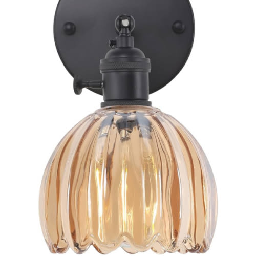 Vintage Wall Sconce with Amber Tulip Glass Lampshade 180 Degree Adjustable Black Sconce Hradwired Modern Wall Lighting Fixture with Switch for Bedside Bedroom Doorway