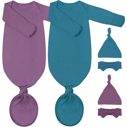 2Pack Newborn Baby Knotted Gown, Super Soft Modal Infant Long Sleeve Sleeper with Hat and Headband Set