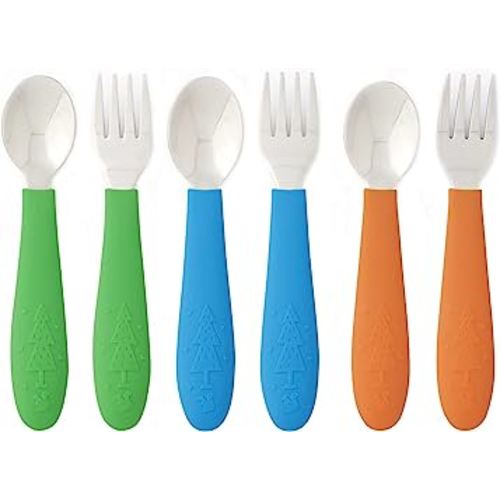 Elk and Friends Kids Silverware with Silicone Handle | Childrens Safe Flatware | Toddler Utensils | Baby Spoons + Forks | Stainless Steel Cutlery