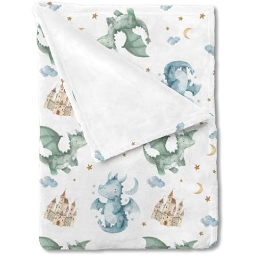 Unisex Watercolor Dragon Nursery Baby Throw Gift Blanket for Boys Girls, Cute Dragon Castle Moon Star Cloud Pattern Swaddle Receiving Bed Blanket for Newborn Toddlers Kids-50x60