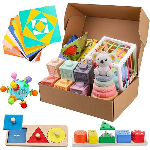 8 in 1 Montessori Toys for Babies 6-12 Months, Learning Educational Sensory Teething Toys for Infants, Wooden Colour Shape Sorter Stacking Developmental Set Gifts for 1 Year Old