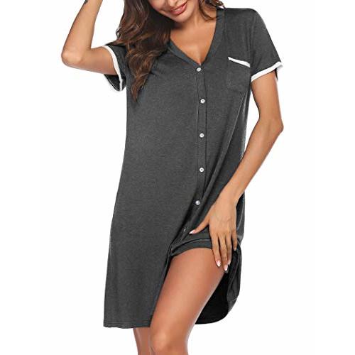 Ekouaer Short Sleeve Nightgowns for Women, Women's Button Down Sleepwear Classical Sleep Shirt Dress