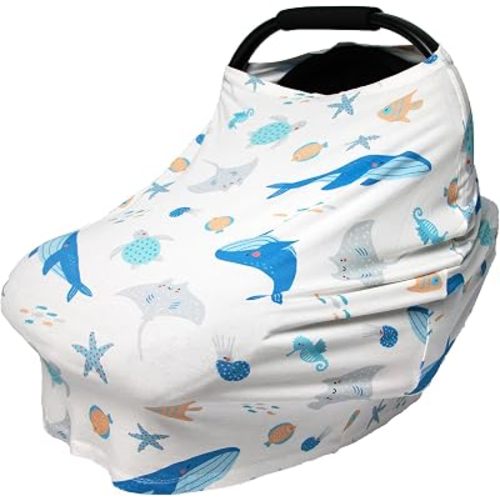 Car Seat Cover for Babies –Multi- use Nursing Carseat Canopy,High Stretchy Nursing Cover for Breastfeeding,Stroller Cover,Baby Shower Gifts for Boys and Girls (Ocean Animals)