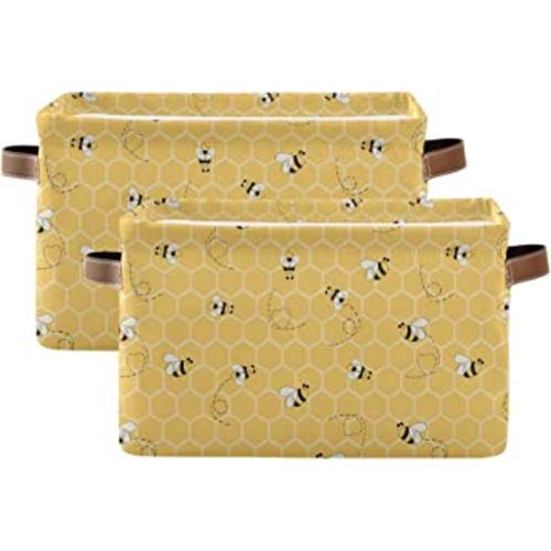 Storage Basket Cube Yellow Animal Bee Honey Comb Large Collapsible Toys Storage Box Bin Laundry Organizer for Closet Shelf Nursery Kids Bedroom,15x11x9.5 in,2 Pack