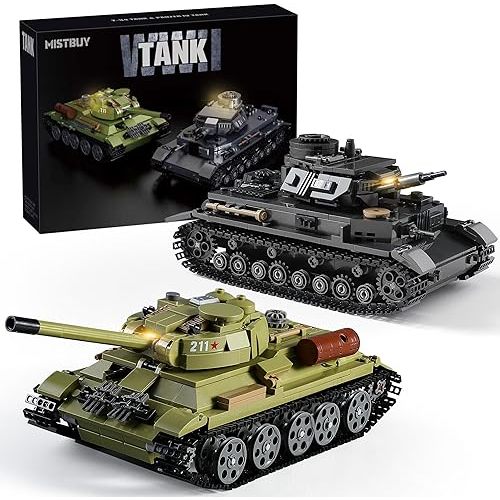 WW2 Army Tank Building Sets with Lights, Panzer IV & T-34 Military Tanks Model Kit Compatible with Lego, Great Army Toys Gift for Military Fans, Boys Kids Ages 8+ & Adults (1201 Pieces)