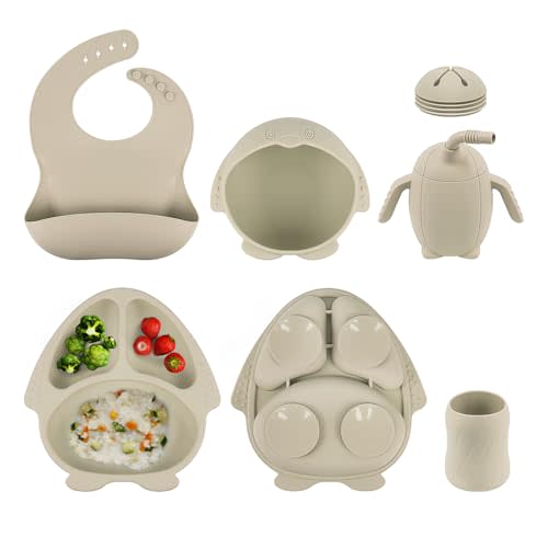 Baby Led Weaning Supplie, Silicone Baby Feeding Set with Suction Plate and Bowl, Toddler Self Feeding Essentials with Spoons Forks Bib Sippy Cup, Eating Utensils for 6+ Months (10 Pcs)
