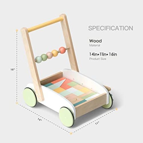 Wooden Baby Push Walker, Baby Learning Walking Toys with Wooden Building Blocks