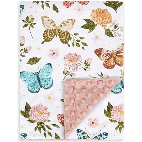 HOMRITAR Floral Baby Blanket for Girls Soft Comfy Minky Toddler Blanket with Double Layer Dotted Backing, Beauty Butterfly Printed Bed Blanket for Nursery Crib Decor 30 x 40 Inch (75 x 100 cm)