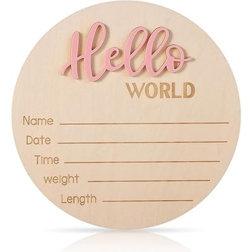 Wooden Baby Birth Announcement Sign, 15cm Hello World Plaque for Newborn Photo Props, Nursery Wall Decor(Light Pink)