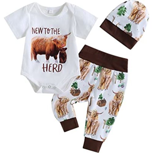 Western Newborn Boy Clothes Summer New to The Herd Bodysuit Highland Cow Jogger Pants Hat Cowboy Coming Home Outfit