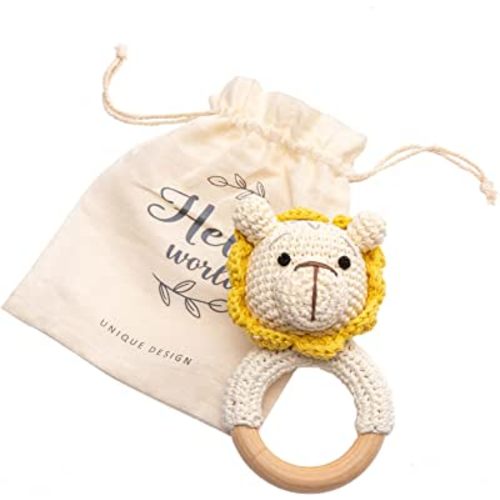Wooden Baby Rattle Lovely Crochet Lion Ring Rattle, Newborn Animal Rattle Toys, Baby Toys for Baby and Infant