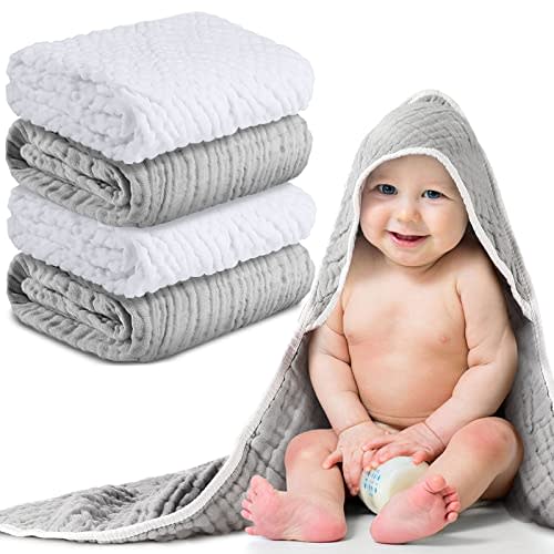 Chumia 4 Pieces Muslin Hooded Baby Towels for Newborn Girls Boys 32"x 32" Cotton Infant Bath Towel Absorbent Unisex Hooded Blankets for Babies Toddler, Newborn Registry Baby Gift (White,Gray)