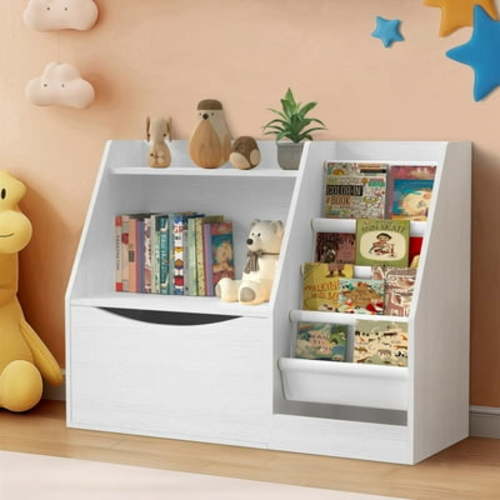 Masiis Kids Bookshelf with Flip-Top Drawer, 3 Tier Kids Bookcase Toy Storage Organizer with 4 Layer Sling Bookshelf for Playroom Bedroom, White