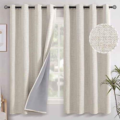 YoungsTex Natural Linen 100% Blackout Curtains 63 Inch Length for Bedroom, Grommet Thermal Insulated Drapes for Living Room Country Farmhouse Darkening Rustic Burlap Blinds, 52 X 63 Inch, 2 Panels