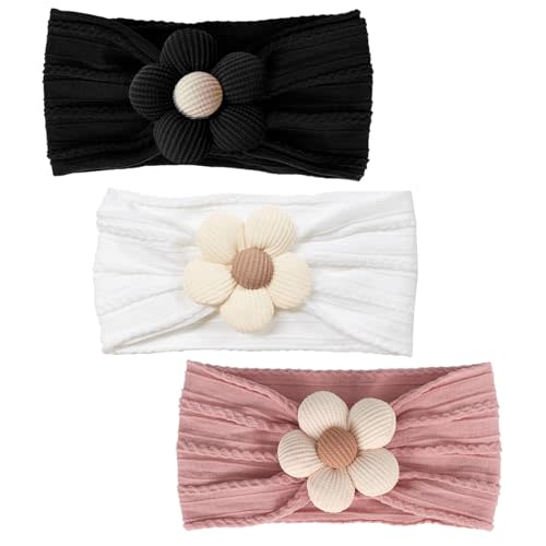 MIUXUESO 3 Pcs Baby Flower Headbands Baby Girls Nylon Headband Soft Hairbands Hair Accessories for Newborn Infant Toddler Kids (White Black Pink)