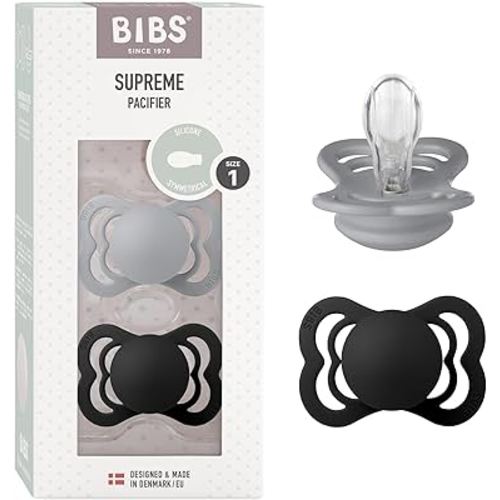 BIBS Supreme Baby Pacifier 2-Pack | Made in Denmark | BPA Free Dummy Soother, Symmetrical Nipple. Silicone, Size 1 (0-6 Months), Cloud/Black