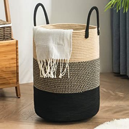 Woven Rope Laundry Hamper Basket, 100L Tall Laundry Basket, Baby Nursery Hamper for Blanket Storage, Clothes Hamper for Laundry in Bedroom-Extra Large-Black Brown