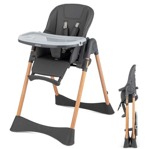 JOYMOR 4 in 1 Folding Baby High Chair for Babies to Toddlers, Infant Eating Foldable Highchair with Leather Seat Cushion, 4-Position Removeable & Adjustable Tray, 5-Point Harness