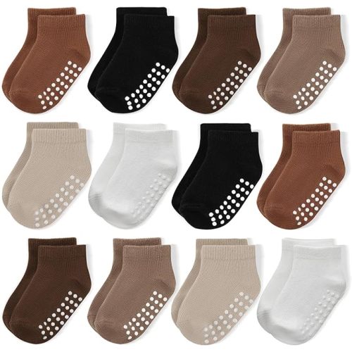 JAKIDAR 12 Pair Baby Toddler Socks Non-Slip Grip Cotton Ankle Socks for Boys Girls Non Skid Soles for Infants Kids
