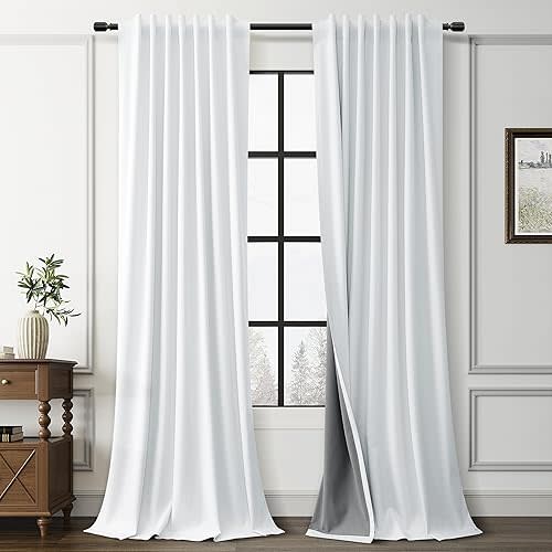 Guken White Linen Blackout Curtains for Bedroom 84 Inch Length 2 Panels Set Back Tab Hook Belt Linen Textured Modern Black Out Thermal Insulated Soundproof Curtains for Living Room Nursery 52x84 7Ft