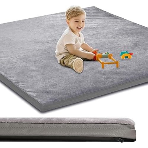 Baby Play Mat for Floor,1.3" Thick Foam 50x50 Play Crawling Mat with Removable Washable Cover,Non Slip Soft Velvet Nursery Rug for Toddlers,Infants,Kids Yoga Mat,Tatami Mat,Gray