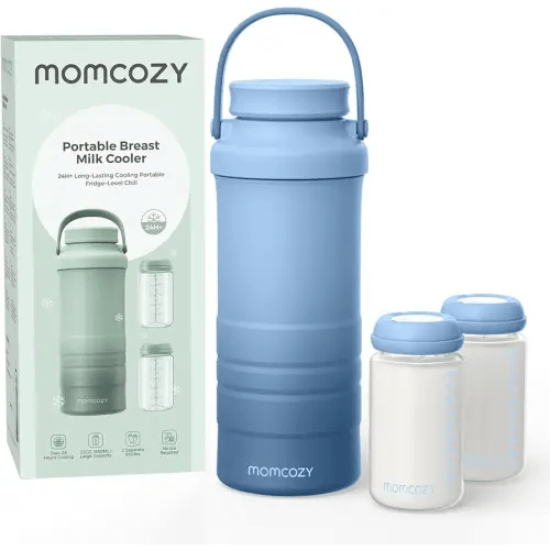 Momcozy 22oz Portable Breast Milk Cooler for Outdoor, Life Saver with 360° Total Cooling for 24 Hours, Larger Capacity Travel Breastmilk Chiller with 2pcs Baby Bottles for Breastmilk Storage, Blue