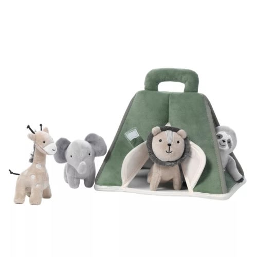 Interactive Plush Safari/Jungle Green Tent with Stuffed Animal Toys – Lambs & Ivy